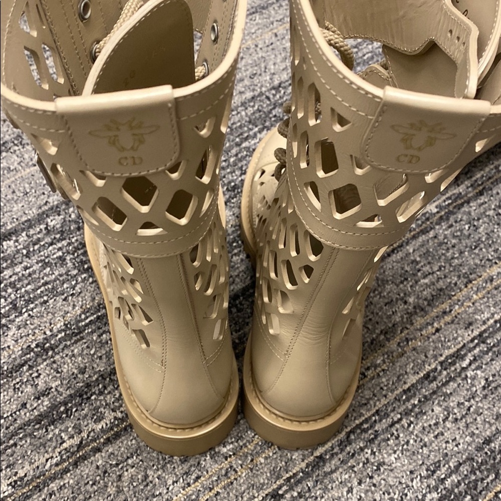 Dior Cream Lace Up Boots with Perforated Design - Picture 4 of 5